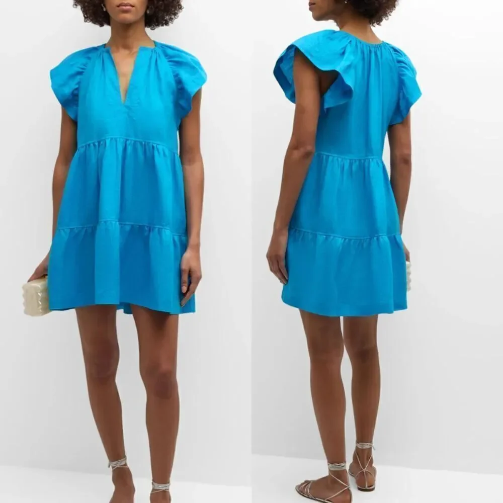 Marie Oliver Women Size XS Green Kara Tiered Cotton Babydoll Mini Pullover Dress